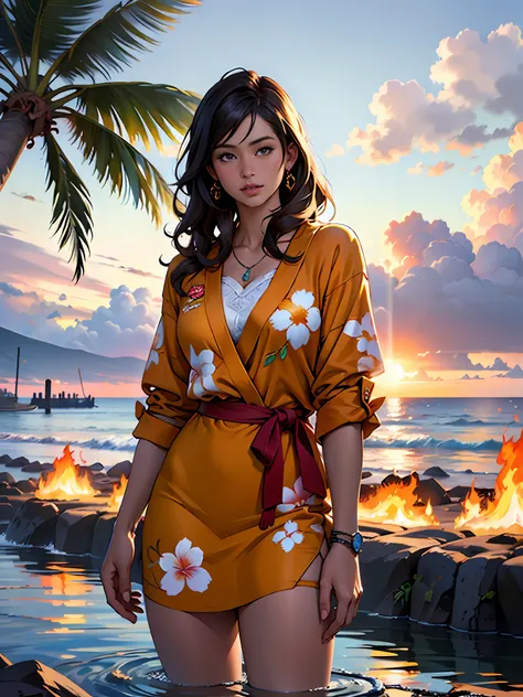 Hawaii Lahaina burning fire in the back, 1 girl painting from the water view, style by Jaime Frias, Best quality, realistic, award-winning illustration in color, (complicated detail: 1.2), (fine detail)