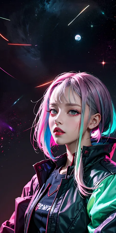 lucy \(cyberpunk\), 1girl,  hair scrunchie, hime cut, silver hair, colored tips, full moon, grey eyes, jacket, long sleeves, loo...