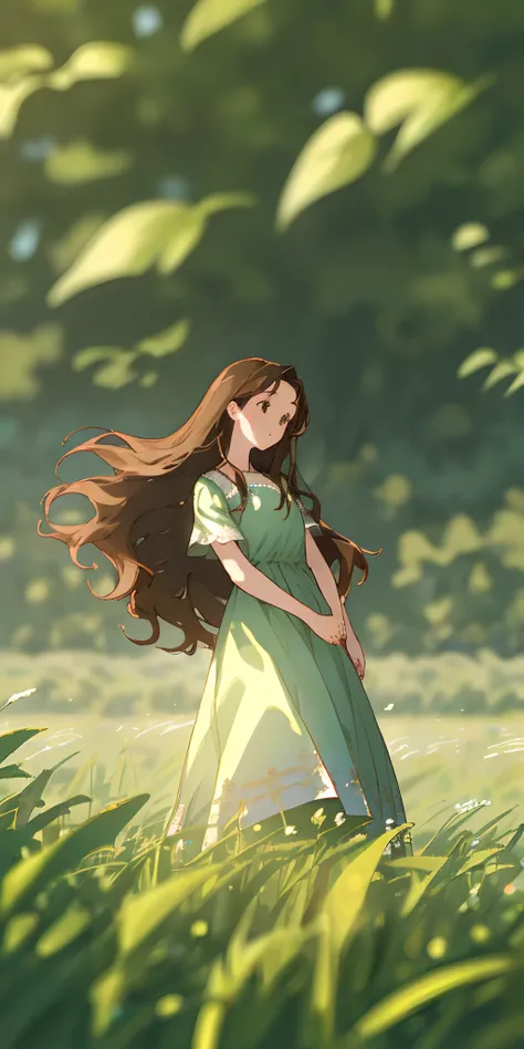 (​masterpiece、top-quality)、One girl with long brown hair standing in a field of green plants and flowers、Warm lighting、White and blue dress、blurred foreground