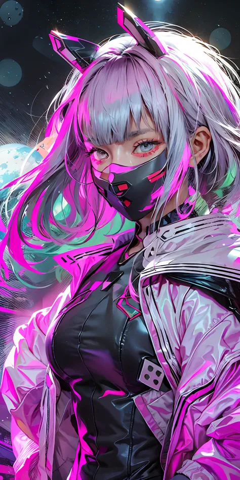 lucy (cyberpunk), 1girl,  hair scrunchie, hime cut, silver hair, colored tips, full moon, grey eyes, jacket, long sleeves, looking at viewer, medium hair, multicolored hair, parted bangs, parted lips, pink hair, portrait, red eyeliner, red lips, solo, whit...