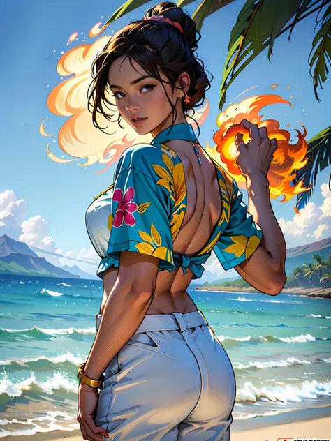 Hawaii Lahaina burning fire in the back, 1 girl painting from the water view, style by Jaime Frias, Best quality, realistic, award-winning illustration in color, (complicated detail: 1.2), (fine detail)