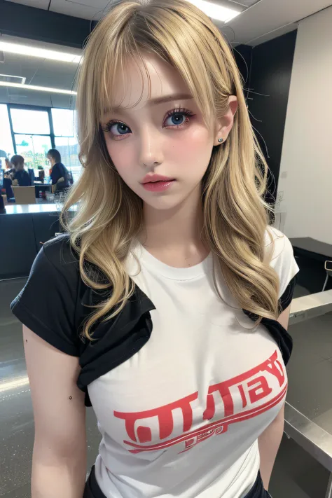 (1girl),large breasts, breasts, tan, dewy skin, sweaty skin, wavy blonde hair, punk tshirt, punk girl