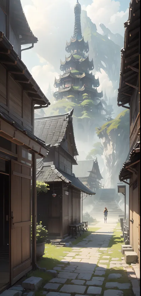 "mix of Indonesian and Japanese culture and architecture " fantasy world, rpg, isekai (masterpiece:1.2, best quality, digital art, hyperrealistic details, detailed digital art, realistic texture, detailed CG, extremely high detail, digital illustration)