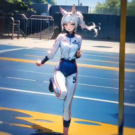 Masterpiece, Best quality, High quality, 1girll，Solo, Male focus, view the viewer, White horse ears，White single ponytail，yellow eyes，facing to audience，medium boob，conservativelydressed，track suit，Playground runway，Ears stand upright，perspire，run，sprint