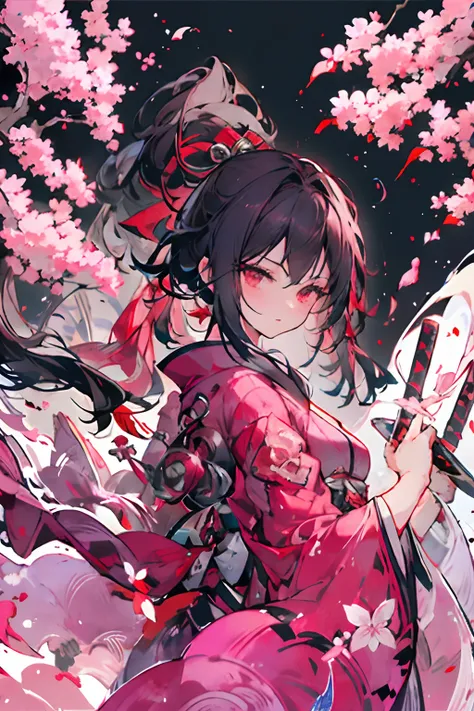 1girl in、nightcity、Sateen、Kimono without sleeves、A dark-haired、Holding a weapon with blood on it、Looking at the camera、Cherry blossoms are dancing，strong con