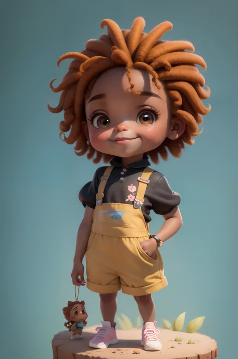 Chibi menina cor marrom:2, coffee color:2 queimado pelo sol, feliz de 15 anos pele marrom:1 afro: 1.25 Estilo Pixar: 1.25 afro: 2.40 (((sozinho))) cabelos cacheados: 2.3, (corpo inteiro: 2.32) vestindo vestido floral sapato preto,, Hair messed up by the wi...