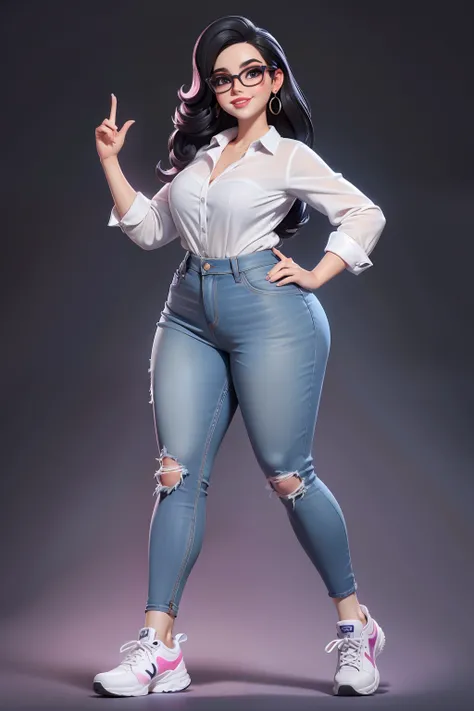 mulher 45 anos de idade estilo princesa disney, olhos castanhos, with black eyeglasses, carnusod lips,rosto largo, varias poses, cabelos castanhos, plus size, sorridente, various poses, wearing jeans, white shirt and sneakers, fofo, Chibi, fundo branco. v ...