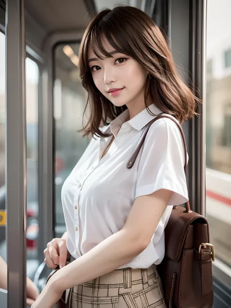 product quality, 1 girl per 1 photo, cowboy shot, side view, a Japanese young pretty girl, long bob hair, wearing a marriage ring, wearing a short sleeves collared pink blouse, wearing light brown pants, a shoulder bag, standing in a train with a big smile...