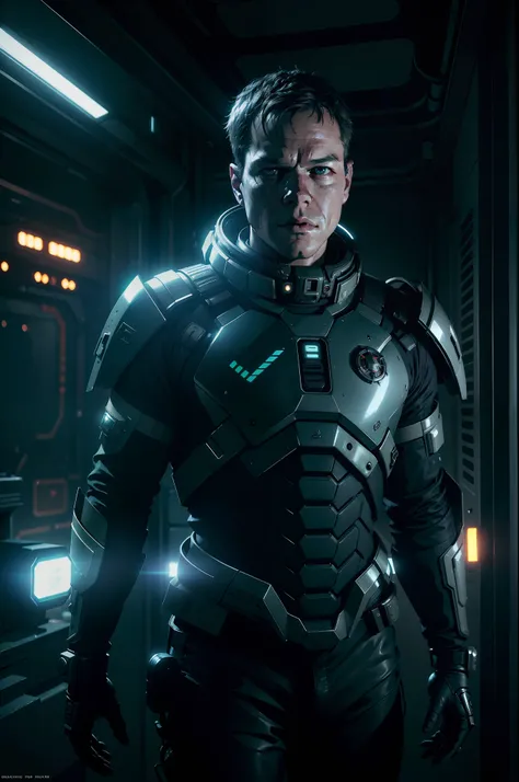 Sci Fi Horror Dead Space Matt Damon on Ishimura Haunted sci fi Space Ship photography, photorealism, shiny skin, cinematic rendering, ray tracing, the highest quality, the highest detail, Cinematic, Third-Person View, Blur Effect, Long Exposure, 8K, Ultra-...