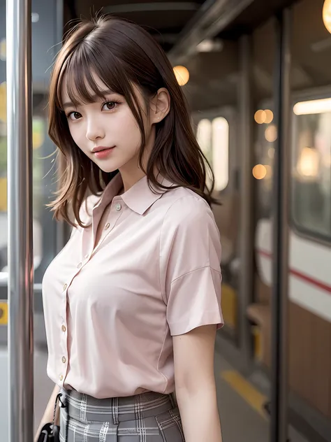 product quality, 1 girl per 1 photo, cowboy shot, side view, a Japanese young pretty girl, long bob hair, wearing a marriage ring, wearing a short sleeves collared pink blouse, wearing light brown pants, a shoulder bag, standing in a train with a big smile...