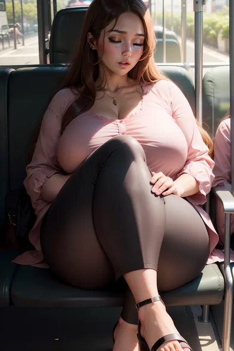 1 beautiful woman, large body, brown hair, eyelids made up, pink long-sleeved blouse, neckline, formal black pants, white sandals, sleeping sitting on the bus, mouth open, eyes closed.