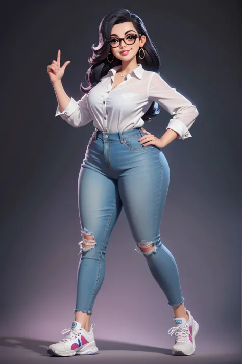 mulher 45 anos de idade estilo princesa disney, olhos castanhos, with black eyeglasses, carnusod lips, rosto largo, various poses, cabelos castanhos, plus size, sorridente, segurando caneca, wearing jeans, white shirt and sneakers, Pescador, Chibi, fundo b...