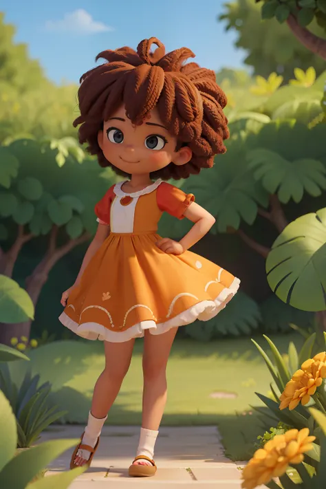 Chibi girl coffee color sunburned, feliz de 15 anos (marrom:1) afro: 1.25 Estilo Pixar: 1.25 afro: 2.40 (((sozinho))) cabelos cacheados: 2.3, (corpo inteiro: 2.32) vestindo vestido floral sapato preto,, Hair messed up by the wind, desenho animado sentada n...