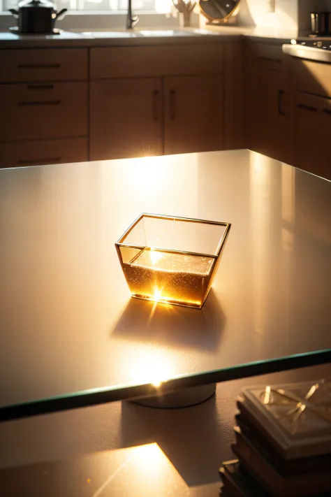 On top of a table of a modern kitchen; broken glass of champagne; golden light reflects.