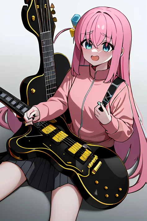 obra maestra, mejor calidad, highres, gotou1, gotou hitori, solo, flequillo, pelo entre ojos, manga corta, criada, tocado de criada, pechos medianos, holding instrument, guitarra, cara feliz, gota de sudor,