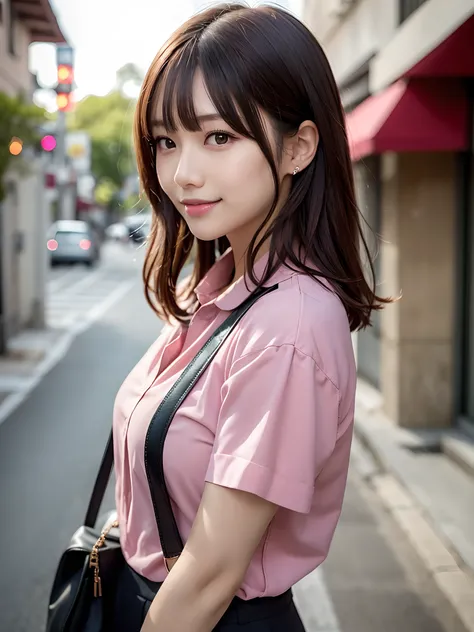 product quality, 1 girl per 1 photo, upper body shot, front view, a Japanese young pretty girl, long bob hair, wearing a marriage ring, wearing a short sleeves collared pink blouse, wearing light brown pants, standing in front of our house with a big smile...