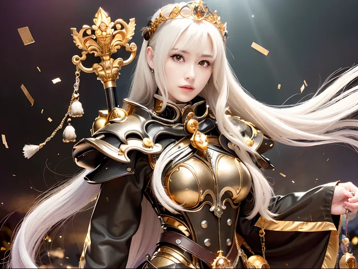 (masutepiece), Professional , ​masterpiece、top-quality、photos realistic , depth of fields （Gemstone Silver Metal Body:1.９),(Matte White、Particles of light、Jewel Gold Weapon（Jewel Metal Body:1.４),Gorgeous Jewel Metal Weapons , Detailed Sword of the Brave ,（...