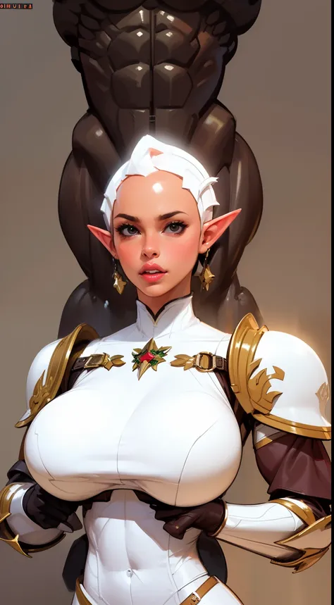 (((1girl:1.8))), ((bulky woman:1.5)) female, sehele style, anime style, (((elf))) (((brown skin:1.4))) (((smoldering eyes))), ((bald:1.5)), ((no hair:1.5)), 8k, 4k, Unreal Engine 5, octane render, trending on pixiv, ((huge shoulder pads:1.8)) (wide shoulde...