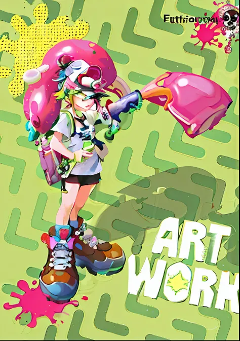 Close-up of cartoon character wearing white hat and turquoise shirt, with splatoon style, Artistic cover, Game art!!, nintendo game art, artbook artwork, Row 3, Platoon, danbooru and artstation, official artbook, fantastic artstyle, splash screen art, vide...