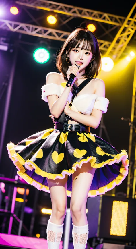 A captivating shot of Kamei Eri from Morning Musume, standing solo on a concert stage. Her brown hair complements her cute idol attire, and the ambiance is filled with the energy of a live performance. The background showcases an audience in awe, with conc...