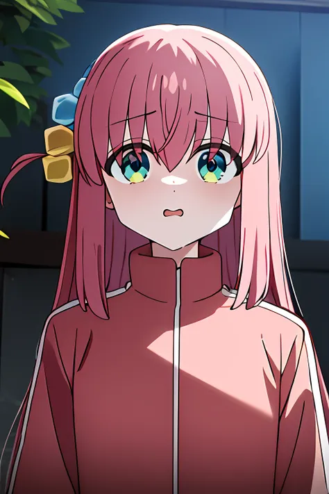 obra maestra, mejor calidad, highres, gotou1, gotou hitori, solo, chaqueta rosa, tracksuit, flequillo, pelo entre ojos, mangas largas, (cara enfadada: 1.2), upper_body, boca ondulada, gota de sudor, boca abierta, avergonzado, tembloroso, al aire libre,