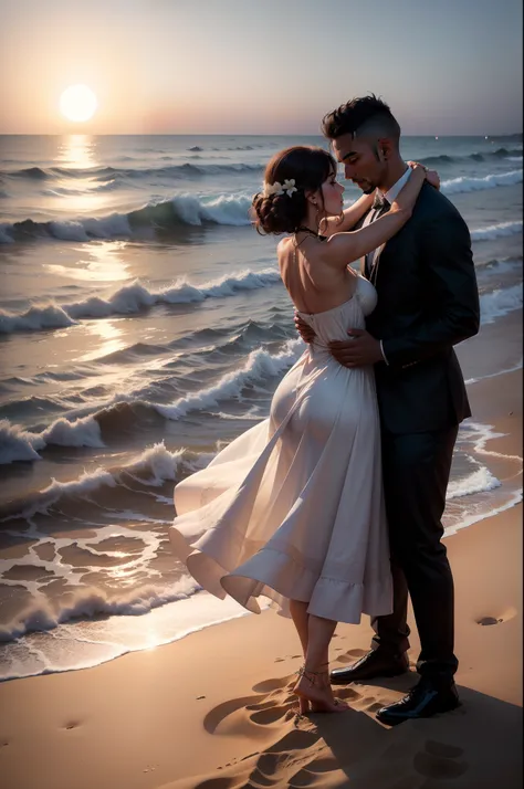 A man and a woman dancing in the sand on the beach, the sea, the sun and the moon in the sky, and on the same beach there are two graves