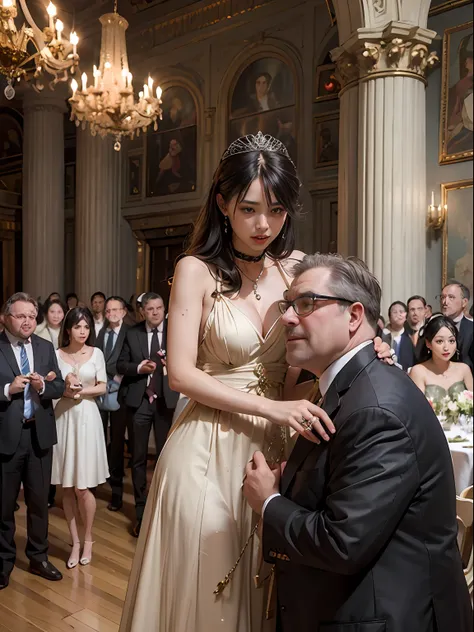 top quality picture 、United Kingdom、Buckingham Palace 、 Salon 、Luxury fragrance dresses in beige color 、Princess 、 dinner party 、15century 、(((Large crowd of guests))) 、(((middle aged man))) 、 (((low angles))) 、
、Collar with rope 、(((distressed loo...