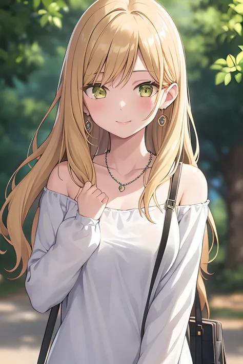 1girl, bag, bangs, blonde_hair, collarbone, earrings, green_eyes, jewelry, long_hair, necklace, shirt, smile, solo, upper_body
(...