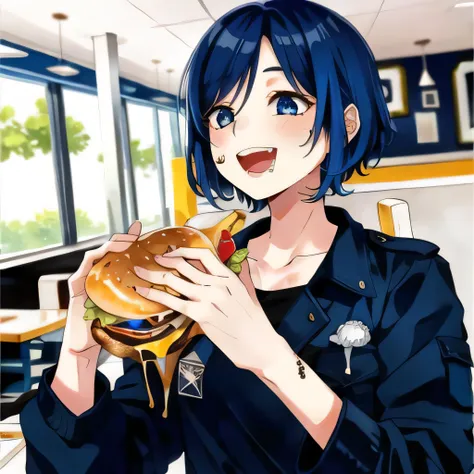 1girl, eating a hamburger, nom hamburger, blue hair, ((dirty face)), half bitten, restaurant, cheese, two hands, short hair, cute face, black jacket, smile, open mouth