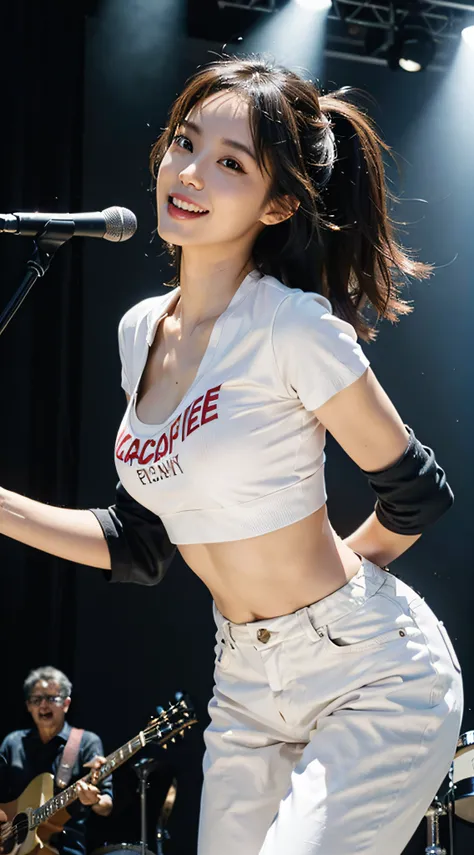 A female idol with a perfect body，Stage costumes，be on stage，Sing with a guitar on your back，Smiling and singing，whitet-shirt，The action of singing，leather pant，Stage background，Cheers of the audience，Bigchest, Long legs, Tightens abs， (A high resolution),...