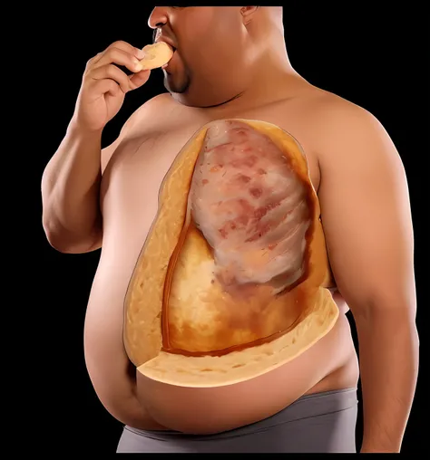 Arafed man eating a loaf of bread with a large breast, corpo fumante, obeso ), obeso, inside a cavernous stomach, um obeso, morbidly obese, gula, barriga explodida, visible stomach, oesophagus, Inchado, an anthropomorphic stomach, very realistic, sobrepeso...