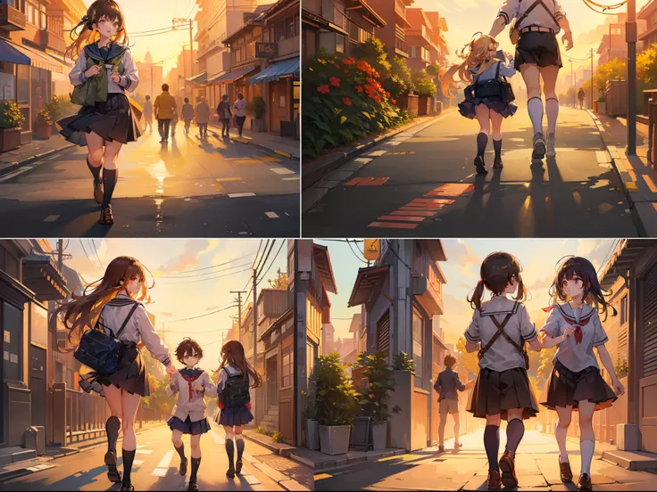 (masterpiece:1.5) (bestquality) highlydetailed,ultra-detailed, (golden hour lighting) (sunset), (in the street), ( 1boy ), ( 2girls ), (school uniforms), (evening glow), (walking together)