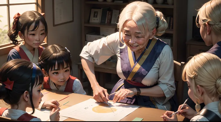 "A smiling elderly lady teaching a group of children how to make origami in a classroom. The children stare at her in awe as they try to reproduce the paper folds. The lady has an energetic posture and a benevolent look. Ao fundo, She appears dancing in a ...