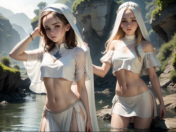 Teen Emma Watson as a white priestess girl. Freckles. wet crop top. see-through. Background river.