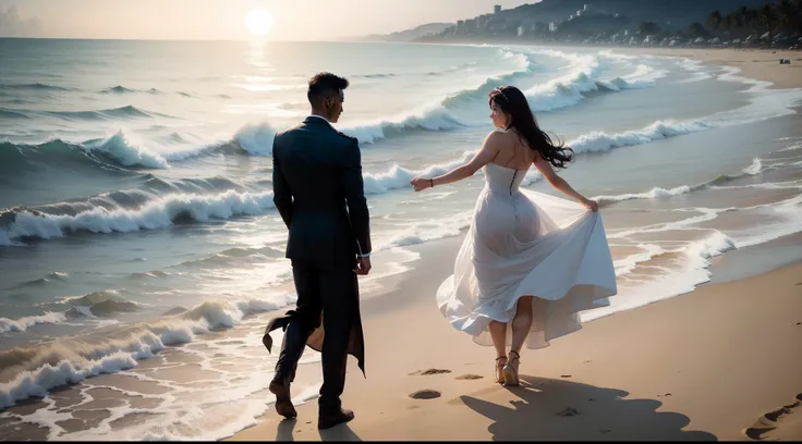 two graves in the beach a man and a woman dancing in the sand on the beach the sea the sun and the moon in the sky on the same beach there are two graves