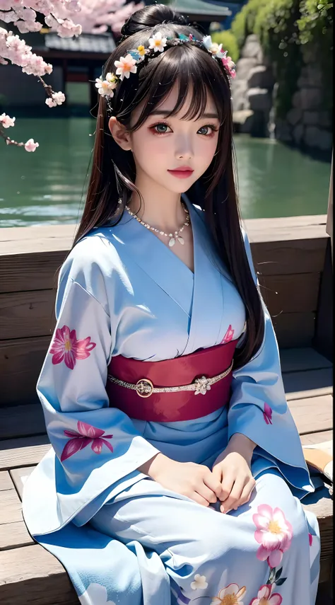 4K Ultra HD, Masterpiece, Cute little girl s, Nice face, Detailed Eyes, Liquid Lipstick, Long hair, Hair spreads, necklaces, Beautiful yukata, Short yukata, floral pattern, highlights, lighting effects, glittering, realistic background, Japans Natural Back...