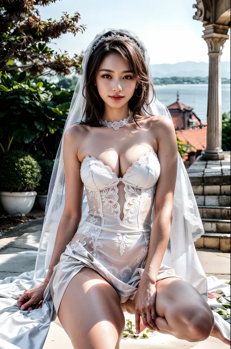 (1girll), Brazilian, Solo, Bob Short_Hair, Wearing(White sexy lace wedding dress), Photo(Medium Shot Shot), standing, angle of view, Blurry_Background, Background(Morning, outdoors), (Photorealistic, absurderes, Best_quality:1.5),