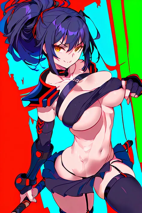 Anime girl with sword and red and green background, an oppai cyberpunk, Biomechanical OPPAI, style of anime4 K, seductive anime girls, Best anime 4k konachan wallpaper, thicc, style of masamune shirow, Inspired by Masamune Shirow, cyberpunk anime girl mech...