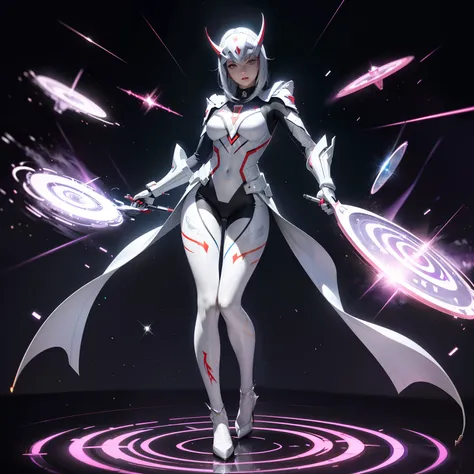 (full body:1.5)，(1girl:1.3),(looking at viewer:1.4)，(anatomy correct:1.3),(Wearing Printed Fantasy Ultraman suit and pointed high heels ，and Very thick Printed Pantyhose :1.35), (Light particle effect:1.3),(In pink | amarelo | blue colors| green color |red...