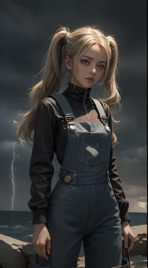 Garota 18 anos na chuva , corpo molhado, cabelo pigtails molhado prateado, Beautiful cybernetics looking at the camera , Dress Overalls ,Obra-prima realista, Pose ativa, action pose, luz LED |, Gold Parts, franja, cabelo curto molhada, vista traseira, Cost...