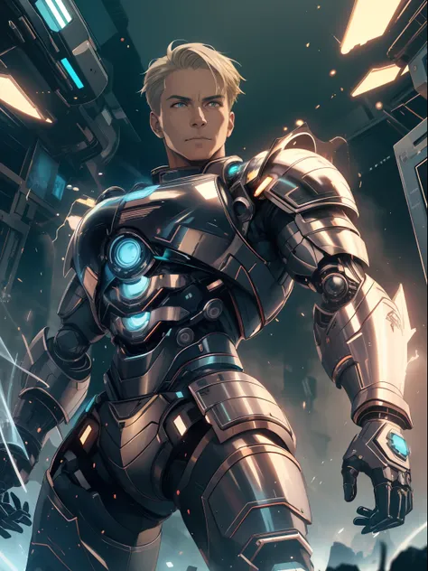 homem adulto q, ombros largos, technological armor, Cyberpunk, scientific fiction, sem pelos faciais, Cabelos prateados, blonde hair, Caudas Duplas Curtas, short hair, cabelos muito curtos, sem pelos faciais, olhos semi fechados, olhos mal, aqua eyes, Seri...