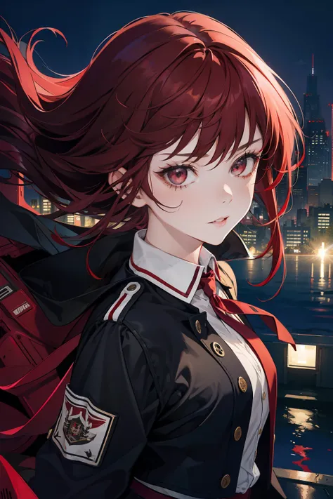 1 girl, solo, dark red hair, badass girl, seductive, modern city night background, student, white school uniform