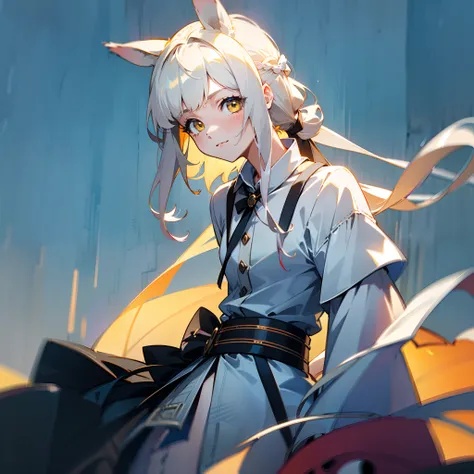 Masterpiece, Best quality, High quality, 1girll，Solo, Male focus, view the viewer, White horse ears，Long white single ponytail hair，white color hair，Long hair and waist，Flat bangs，yellow eyes，Cute and charming animated protagonist，arena