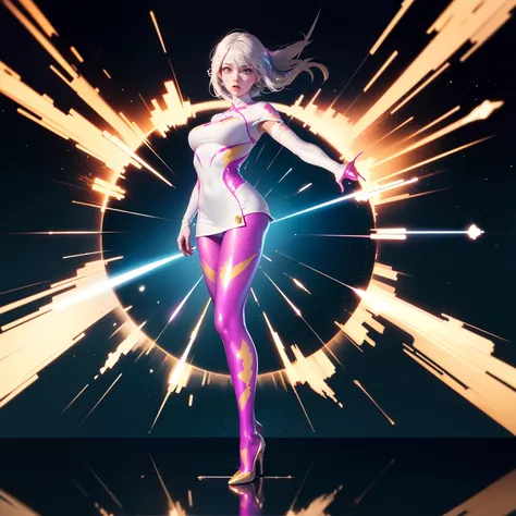 (full body:1.5)，(1girl:1.3),(looking at viewer:1.4)，(anatomy correct:1.3),(Wearing Printed Fantasy Ultraman tight and pointed high heels ，and Very thick Printed Pantyhose :1.35), (Light particle effect:1.3),(In pink | amarelo | blue colors| green color |re...