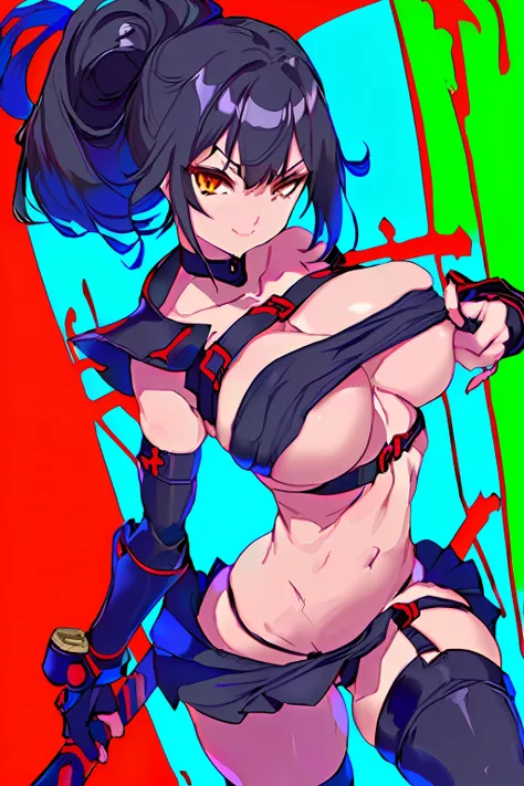 Anime girl with sword and red and green background, an oppai cyberpunk, Biomechanical OPPAI, style of anime4 K, seductive anime girls, Best anime 4k konachan wallpaper, thicc, style of masamune shirow, Inspired by Masamune Shirow, cyberpunk anime girl mech...