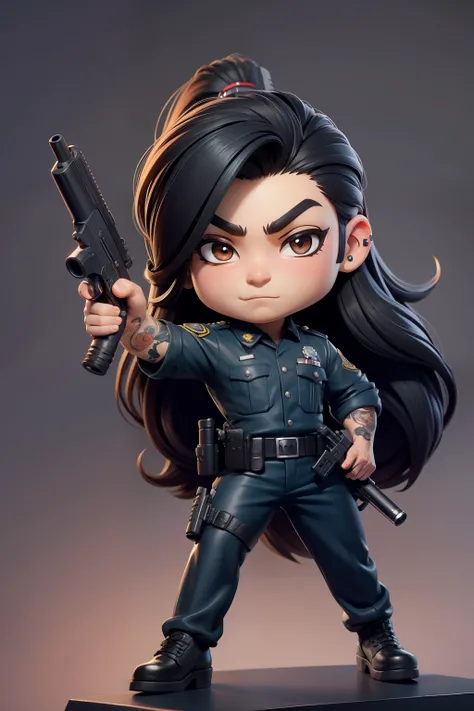 A CHIBI-STYLE CHARACTER AS A POLICEMAN WITH A TATTOOED ARM LONG HAIR HOLDING A GUN PIRCING UP THE NOSE