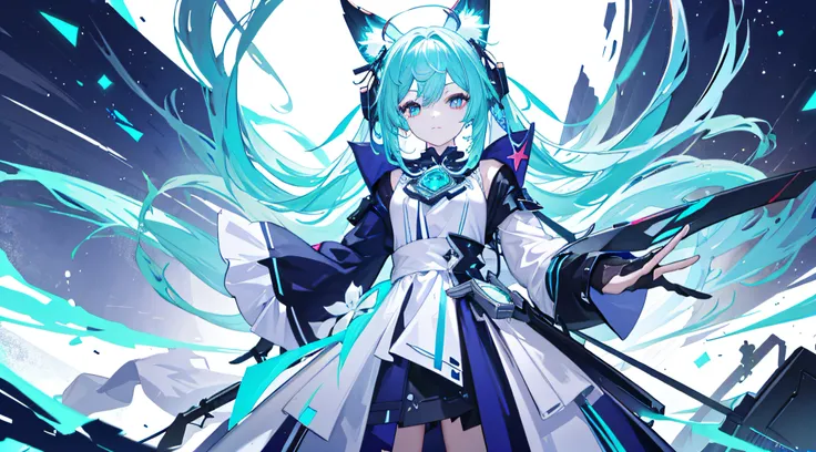 a little girl，white and cyan bicolor hair，long whitr hair，glowing cyan eyes，there are animal ears，he held a large white sword in...