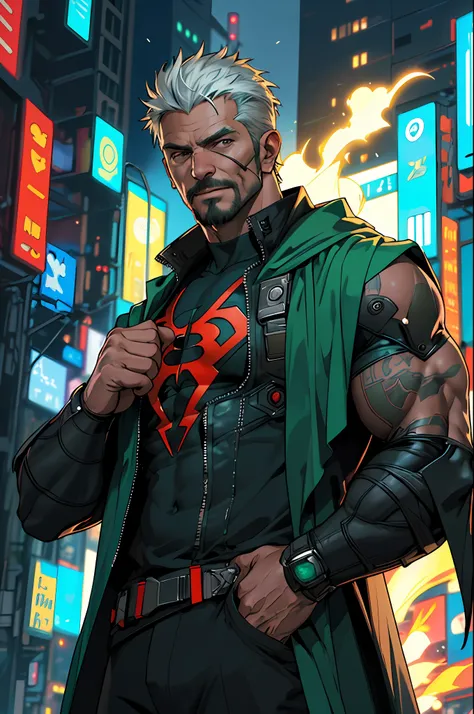 Best quality, masterpiece, ultra high res,detailed background,realistic,hadesstyle,solo,male,mature,bara,muscular,mature male,short hair,facial hair,mage,Superhero,villain, cyberpunk, modern,green fire,powers(theme),evil,cape,depth of field