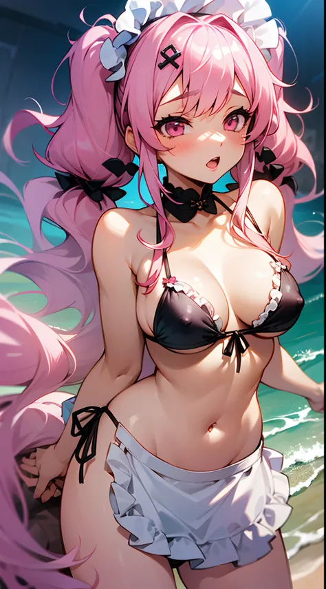 nsfw, 1 girl, game CG, sleeveless frilly black string bikini, cleavage visible, navel visible, maids hair ornament, maids small apron, gigantic breasts, pink hair, long hair, low twintails, princess hairstyle, stupid hair, pink eyes, sea, sandy beach, 1boy...