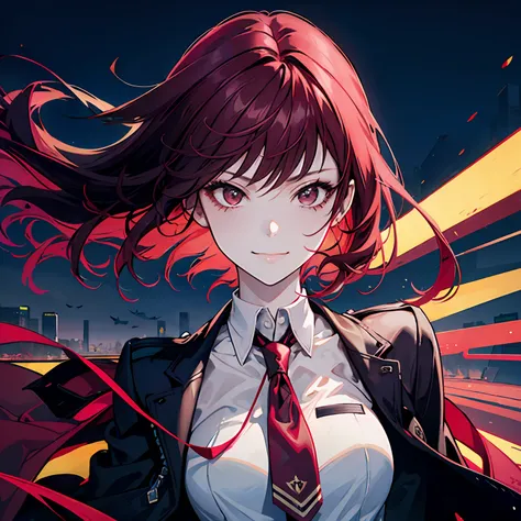 1 girl, Solo, Dark red hair, Badass girl, Seductive, Modern city night background, Student, bad-girl, Lovely smile, school uniform